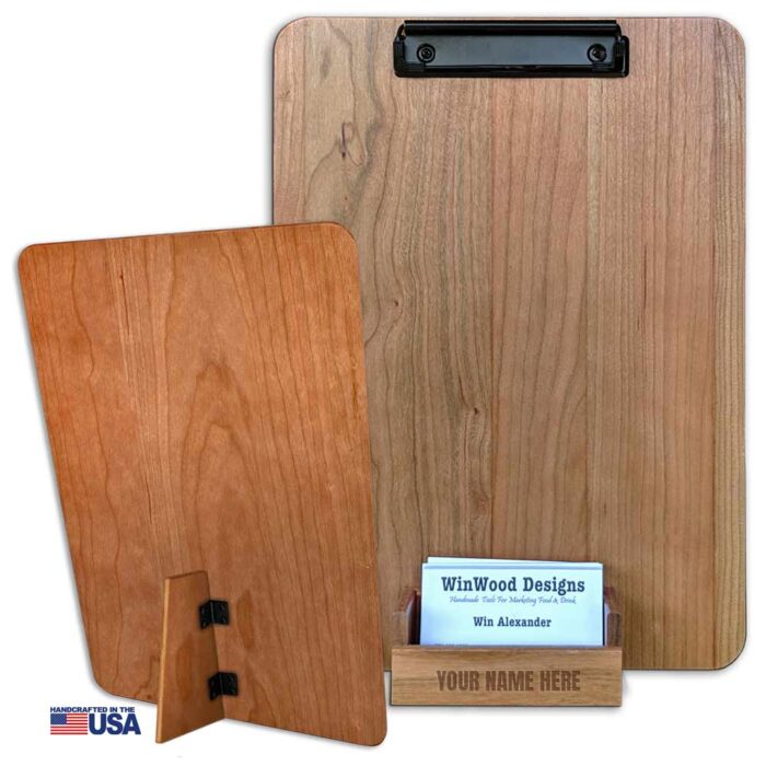 Letter-Size Standing Wooden Clipboard with Attached Business Card Holder