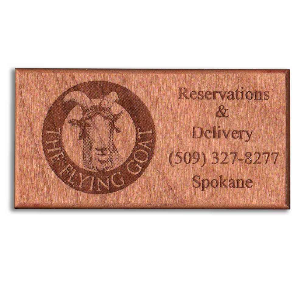 Flying Goat Restaurant Reminder Engraved Hardwood Business Card - WinWoodDesigns.com